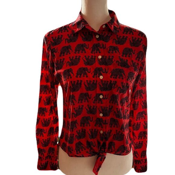 J. Crew Elephant Print Cotton Button Up | XS | EUC | Coral and Navy Blue - Picture 1 of 8
